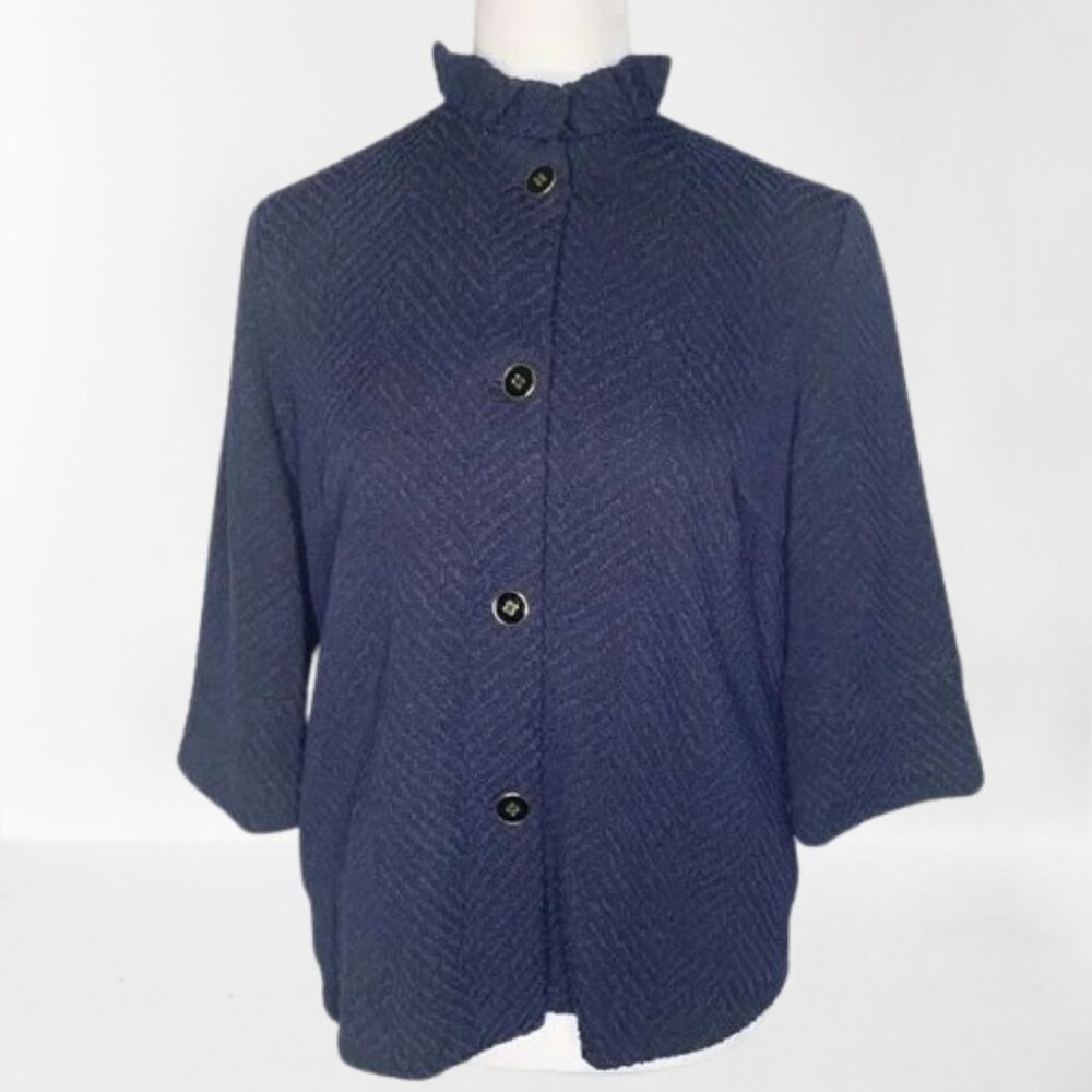 J. McLaughlin Navy Herringbone Jacquard Button Front Blazer 3/4 Sleeve Size XL